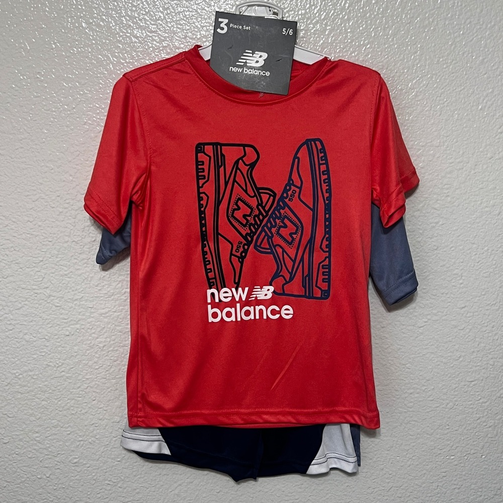 New Balance‎ Boys 3 Piece Set Red Blue T-Shirt Shorts Outfit Size 5/6 MSRP $50